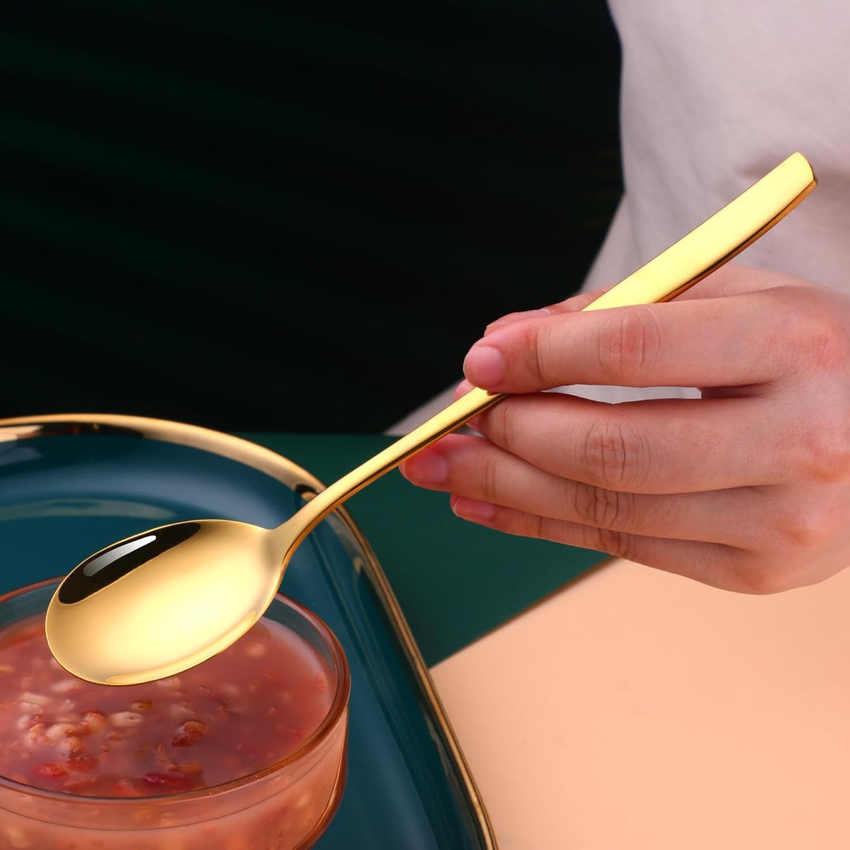 Metal Round Spoons, 8 inch Stainless Steel Reusable Long Handle Korean Soup Spoons, Table Dinner Desert Spoon Set of 8(Rose Gold)