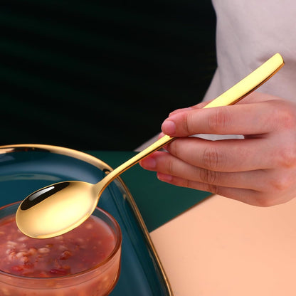 Metal Round Spoons, 8 inch Stainless Steel Reusable Long Handle Korean Soup Spoons, Table Dinner Desert Spoon Set of 8(Rose Gold)