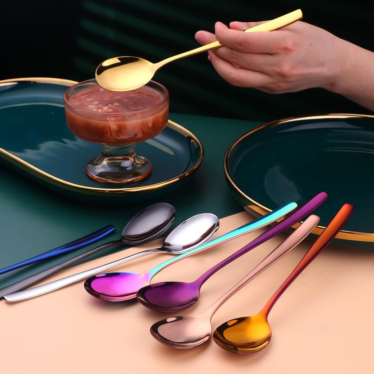 Metal Round Spoons, 8 inch Stainless Steel Reusable Long Handle Korean Soup Spoons, Table Dinner Desert Spoon Set of 8(Rose Gold)