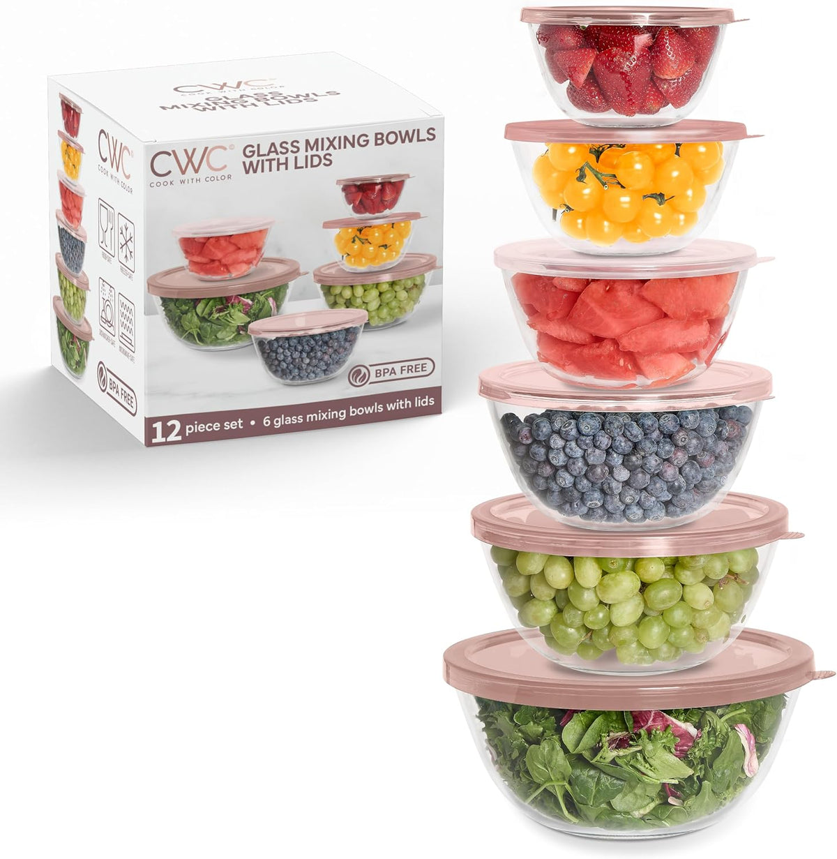 12 Pc Glass Mixing Bowl Set with Lids – Borosilicate Glass Nesting Bowls for Cooking, Baking and Meal Prep, Pink