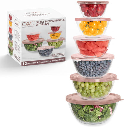 12 Pc Glass Mixing Bowl Set with Lids – Borosilicate Glass Nesting Bowls for Cooking, Baking and Meal Prep, Pink
