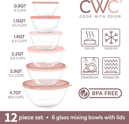 12 Pc Glass Mixing Bowl Set with Lids – Borosilicate Glass Nesting Bowls for Cooking, Baking and Meal Prep, Pink