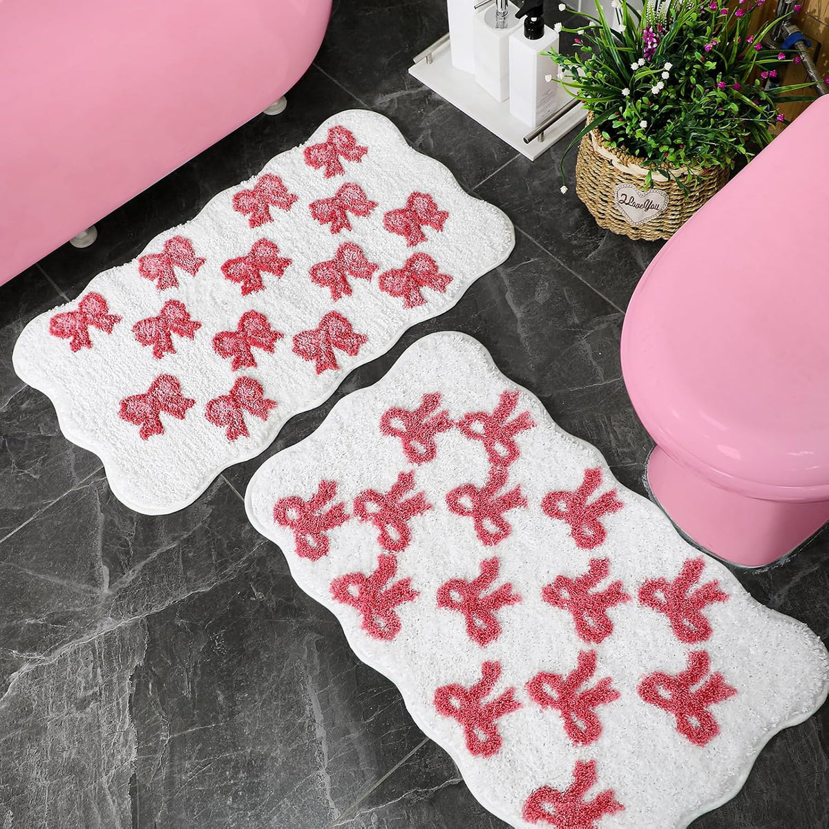 2 Pcs Bow Heart Bathroom Rugs, Plush Bath Mats