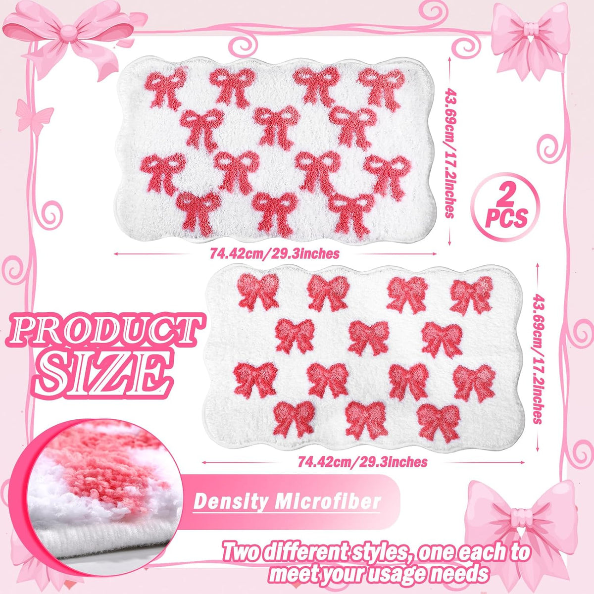 2 Pcs Bow Heart Bathroom Rugs, Plush Bath Mats