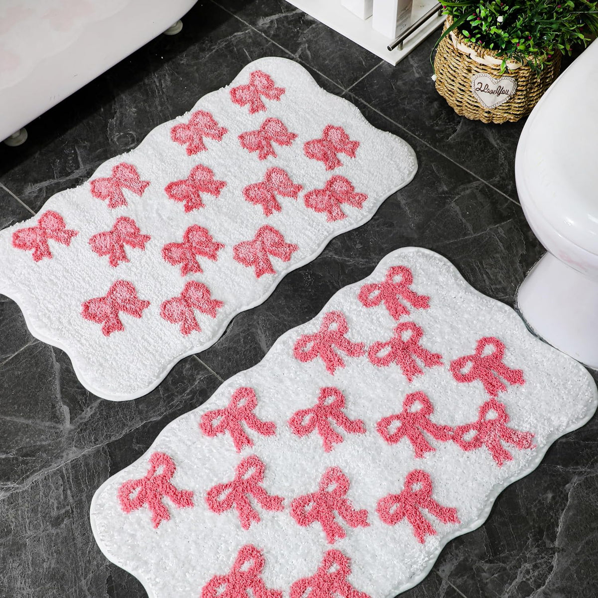 2 Pcs Bow Heart Bathroom Rugs, Plush Bath Mats