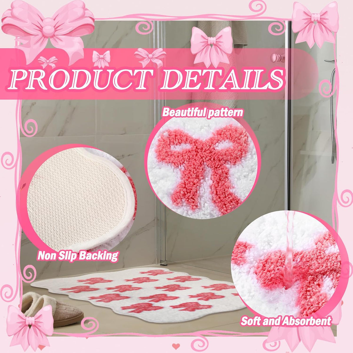 2 Pcs Bow Heart Bathroom Rugs, Plush Bath Mats