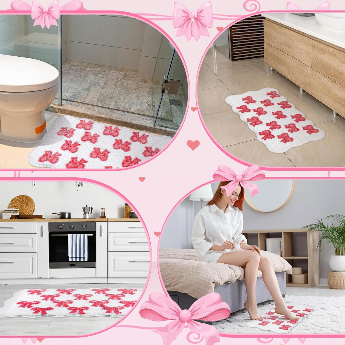 2 Pcs Bow Heart Bathroom Rugs, Plush Bath Mats