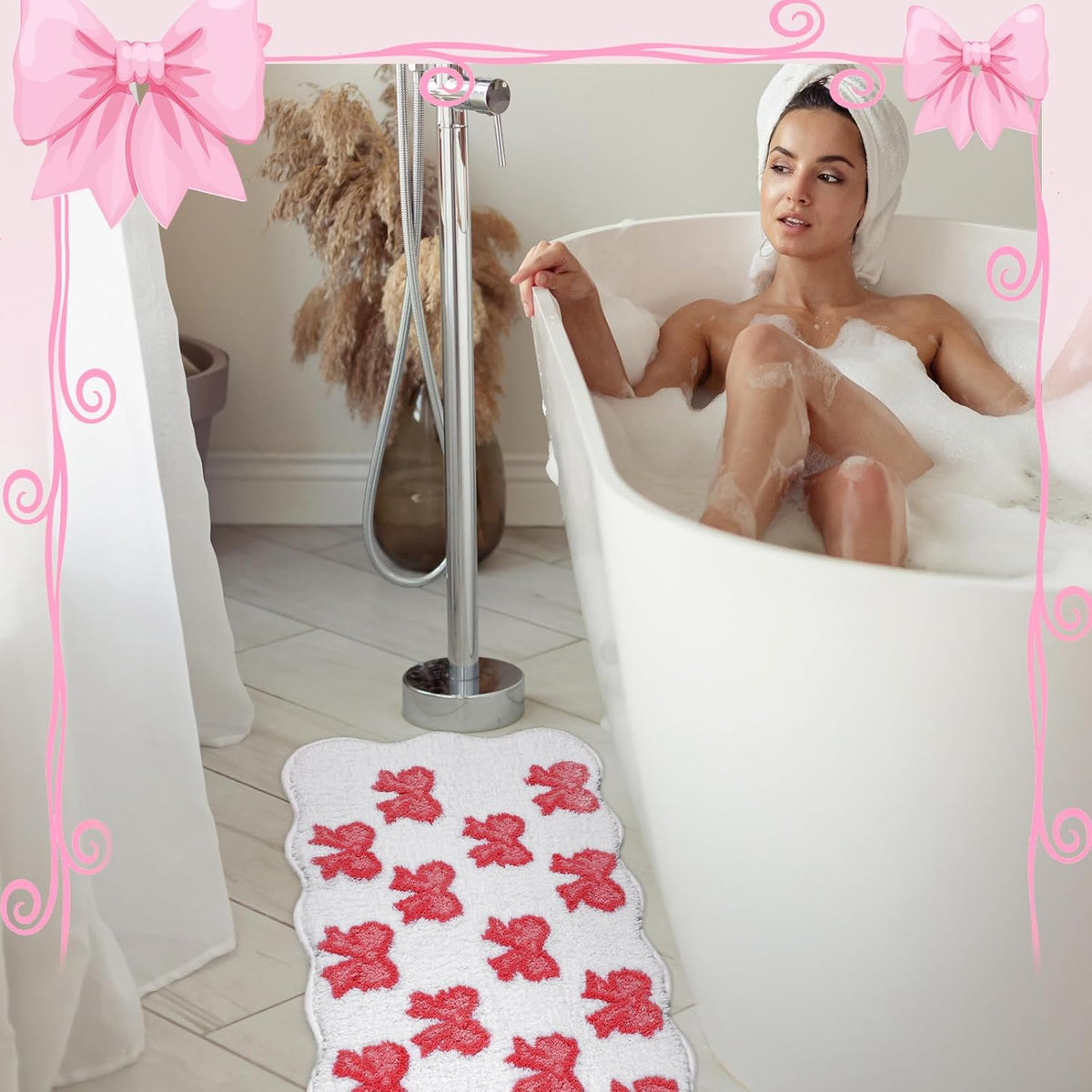2 Pcs Bow Heart Bathroom Rugs, Plush Bath Mats