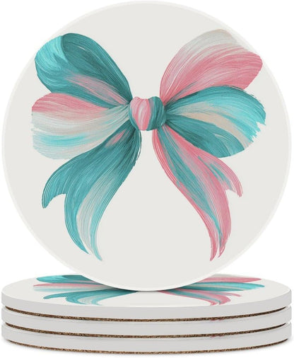 Light Pink Teal White Bow Coasters Set of 4 Absorbent Coasters