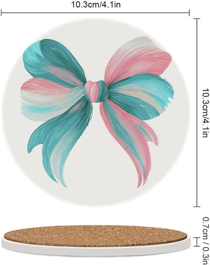 Light Pink Teal White Bow Coasters Set of 4 Absorbent Coasters