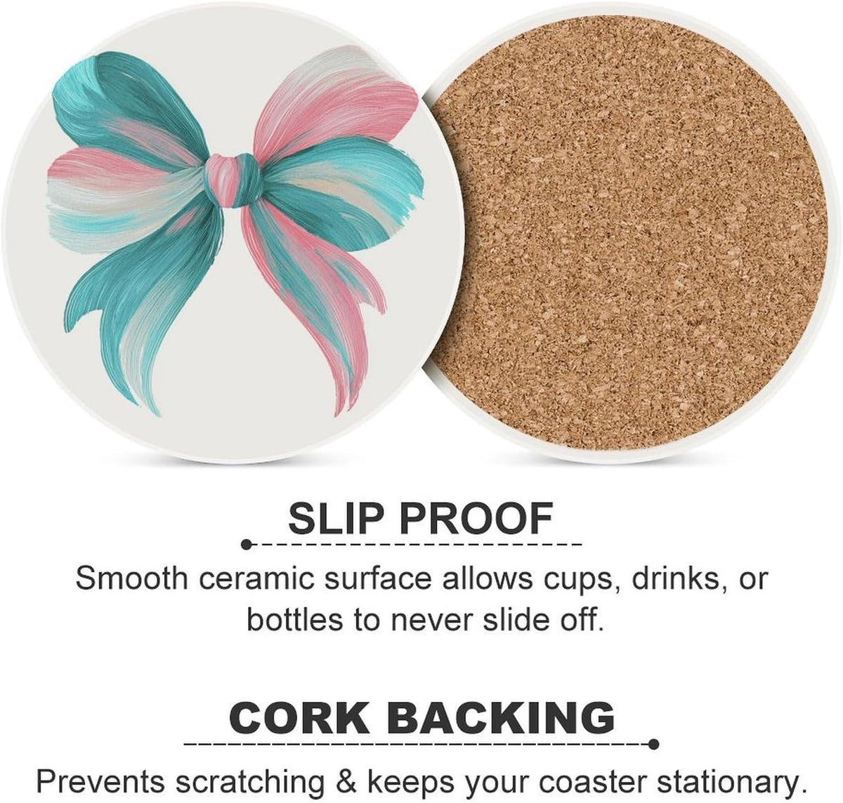 Light Pink Teal White Bow Coasters Set of 4 Absorbent Coasters