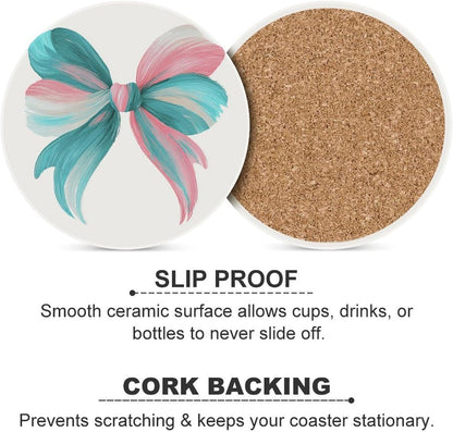 Light Pink Teal White Bow Coasters Set of 4 Absorbent Coasters