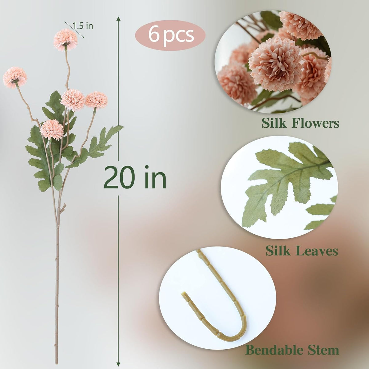 6Pcs Pink Fake Silk Pompon Mum Artificial Flowers Bulk Small Faux Chrysanthemums with Stems Realistic Floral Decorations for Wedding DIY Bouquet Centerpieces Shower Vase Home Decor (Light Pink)