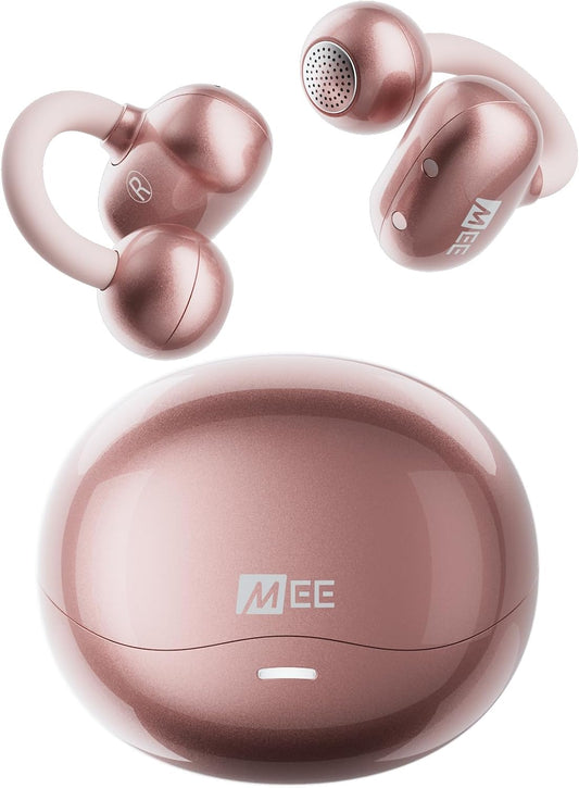 Pebbles Air Open Ear True Wireless Earbuds - Bluetooth 5.3 Lightweight Earclip Headphones with Headset Microphone & Call Noise Reduction for Gym/Workouts/Sports and Gaming (Rose Gold/Pink)