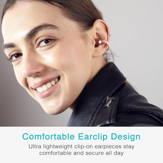 Pebbles Air Open Ear True Wireless Earbuds - Bluetooth 5.3 Lightweight Earclip Headphones with Headset Microphone & Call Noise Reduction for Gym/Workouts/Sports and Gaming (Rose Gold/Pink)