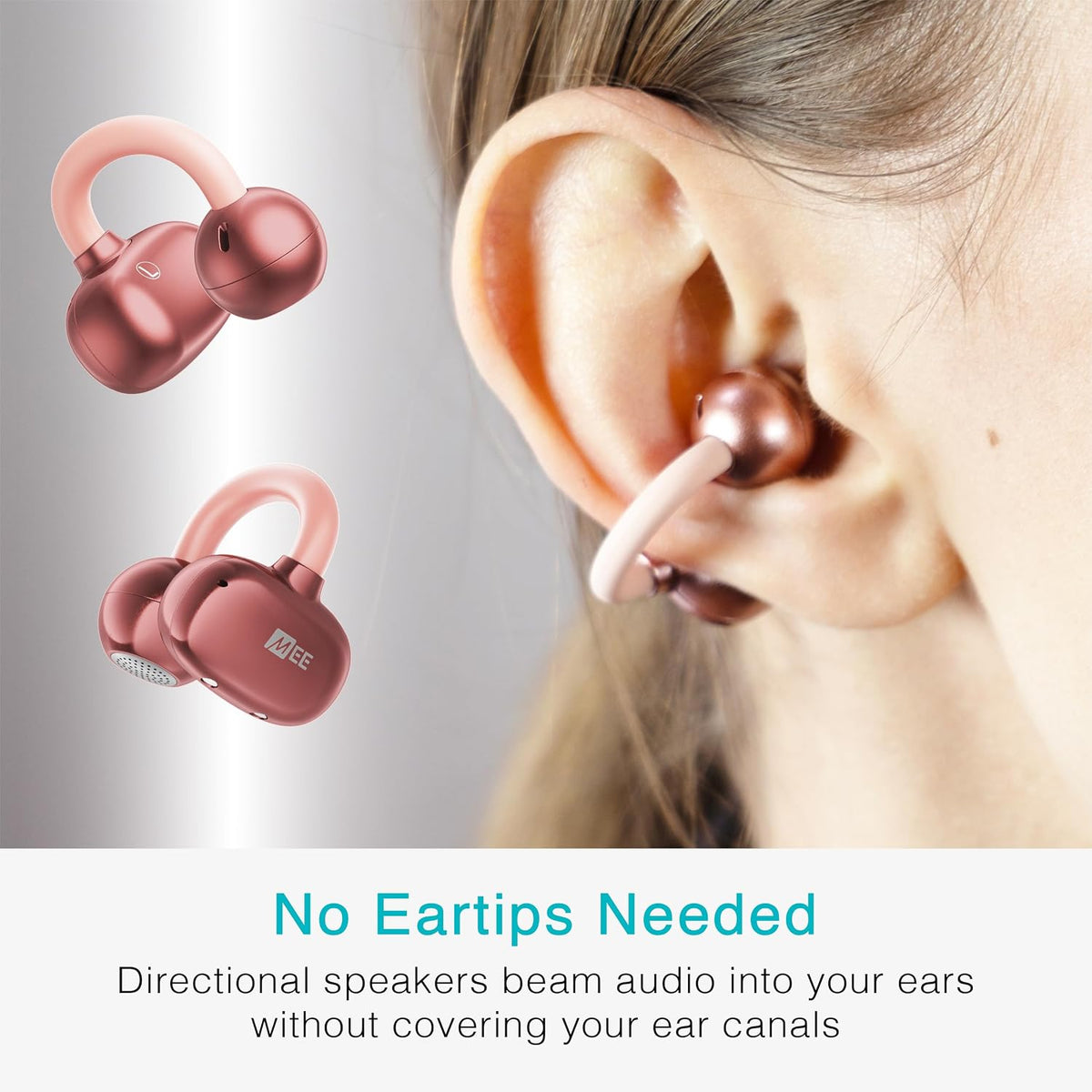 Pebbles Air Open Ear True Wireless Earbuds - Bluetooth 5.3 Lightweight Earclip Headphones with Headset Microphone & Call Noise Reduction for Gym/Workouts/Sports and Gaming (Rose Gold/Pink)