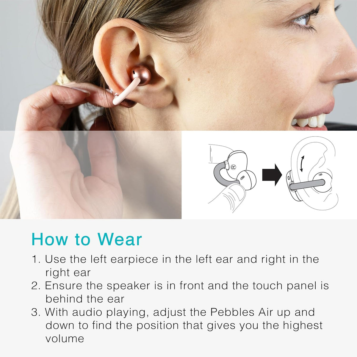 Pebbles Air Open Ear True Wireless Earbuds - Bluetooth 5.3 Lightweight Earclip Headphones with Headset Microphone & Call Noise Reduction for Gym/Workouts/Sports and Gaming (Rose Gold/Pink)