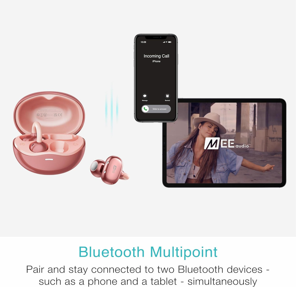 Pebbles Air Open Ear True Wireless Earbuds - Bluetooth 5.3 Lightweight Earclip Headphones with Headset Microphone & Call Noise Reduction for Gym/Workouts/Sports and Gaming (Rose Gold/Pink)