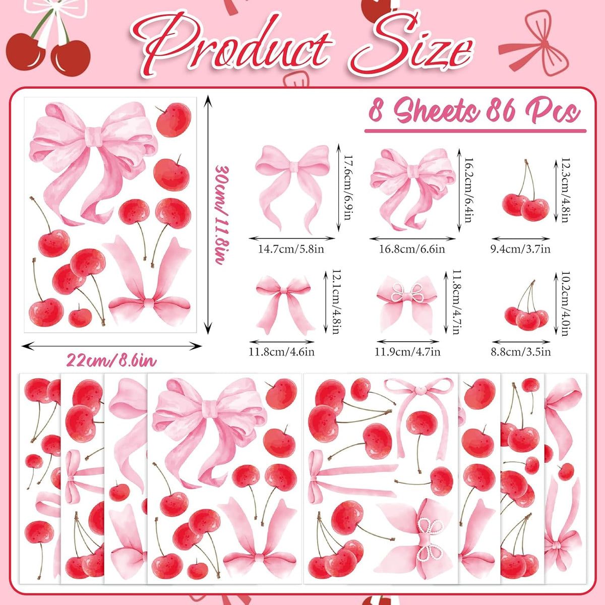 Bow Cherry Wall Decals, 8 Sheets 86 Pcs