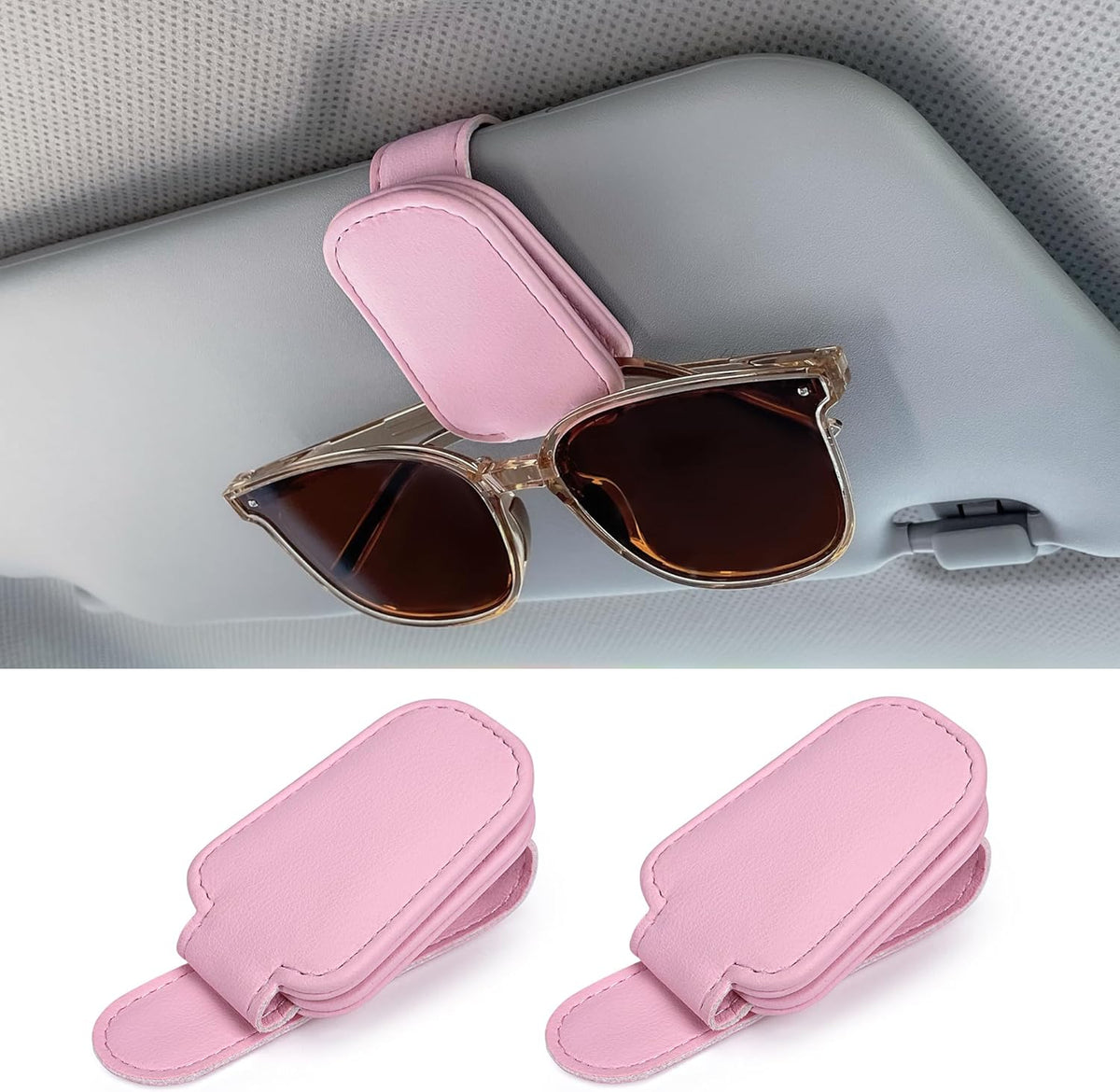 Shering Sunglasses Holders for Car Sun Visor, 2pack Pink Magnetic Leather Glasses Eyeglass Hanger Clip for Car, Visor Sunglasses Holder Clip Car Accessories for Truck