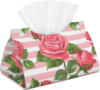 Pink Rose Stripe Pattern Tissue Box Cover Rectangle Leather Facial Tissue Case Paper Holder Organizer Decor Long Tissues Boxes Covers with Bottom Belt for Bathroom Bedroom Dresser Car Office
