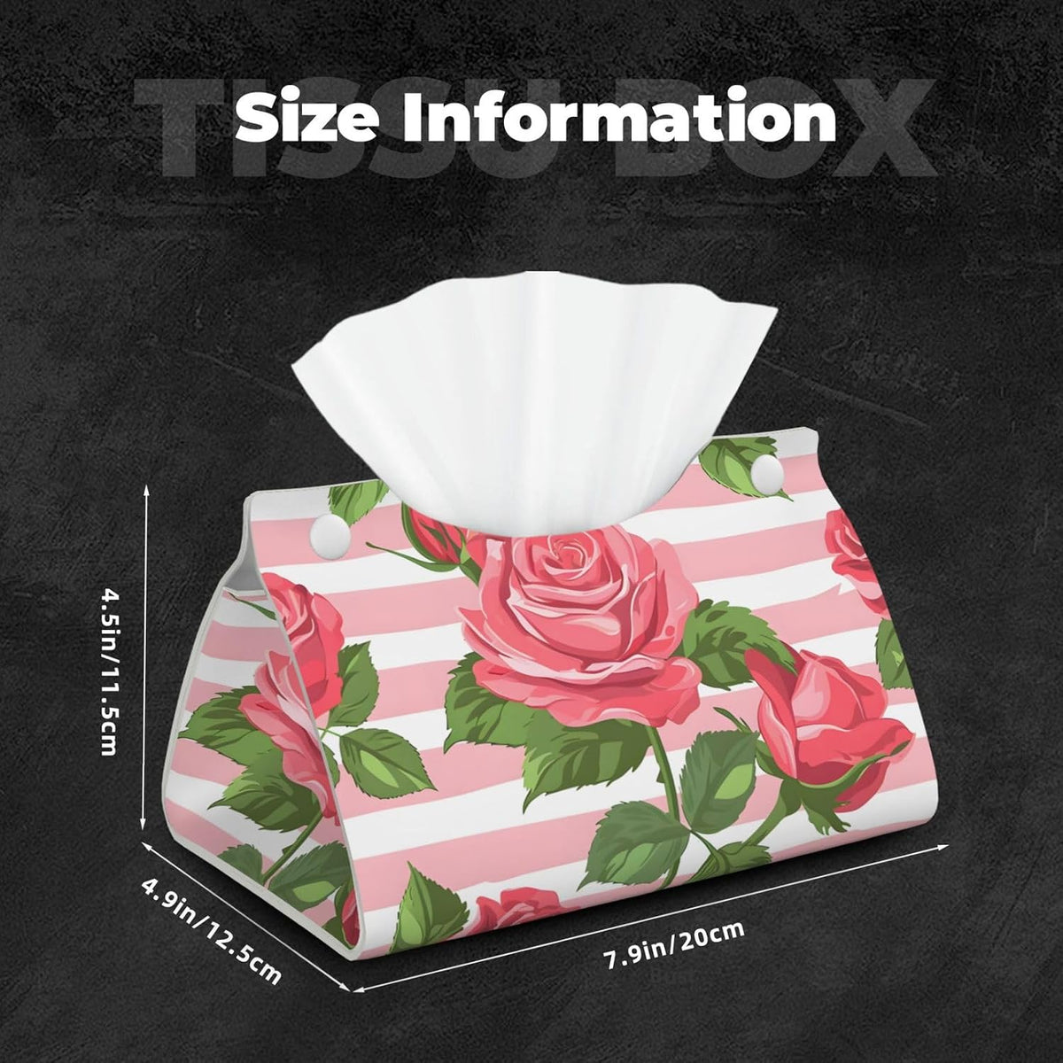 Pink Rose Stripe Pattern Tissue Box Cover Rectangle Leather Facial Tissue Case Paper Holder Organizer Decor Long Tissues Boxes Covers with Bottom Belt for Bathroom Bedroom Dresser Car Office
