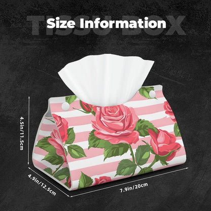 Pink Rose Stripe Pattern Tissue Box Cover Rectangle Leather Facial Tissue Case Paper Holder Organizer Decor Long Tissues Boxes Covers with Bottom Belt for Bathroom Bedroom Dresser Car Office