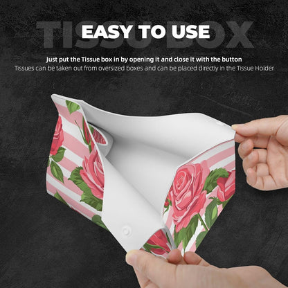 Pink Rose Stripe Pattern Tissue Box Cover Rectangle Leather Facial Tissue Case Paper Holder Organizer Decor Long Tissues Boxes Covers with Bottom Belt for Bathroom Bedroom Dresser Car Office