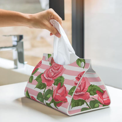 Pink Rose Stripe Pattern Tissue Box Cover Rectangle Leather Facial Tissue Case Paper Holder Organizer Decor Long Tissues Boxes Covers with Bottom Belt for Bathroom Bedroom Dresser Car Office