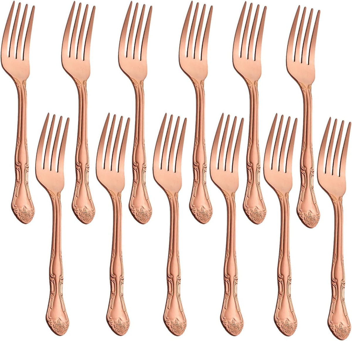 Rose Gold Salad Forks Set of 12, 430 Stainless Steel Satin Finish Dessert Forks Silverware, Small Cake Forks with Rose Pattern Design, Dishwasher Safe for Home Restaurant