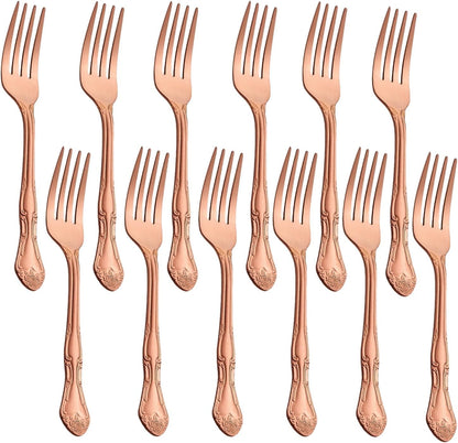 Rose Gold Salad Forks Set of 12, 430 Stainless Steel Satin Finish Dessert Forks Silverware, Small Cake Forks with Rose Pattern Design, Dishwasher Safe for Home Restaurant
