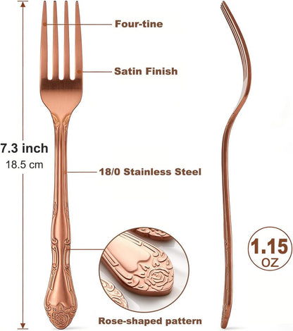 Rose Gold Salad Forks Set of 12, 430 Stainless Steel Satin Finish Dessert Forks Silverware, Small Cake Forks with Rose Pattern Design, Dishwasher Safe for Home Restaurant