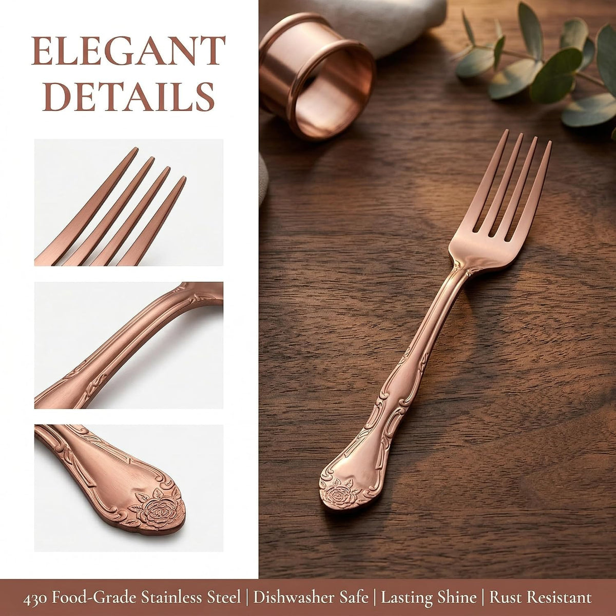 Rose Gold Salad Forks Set of 12, 430 Stainless Steel Satin Finish Dessert Forks Silverware, Small Cake Forks with Rose Pattern Design, Dishwasher Safe for Home Restaurant