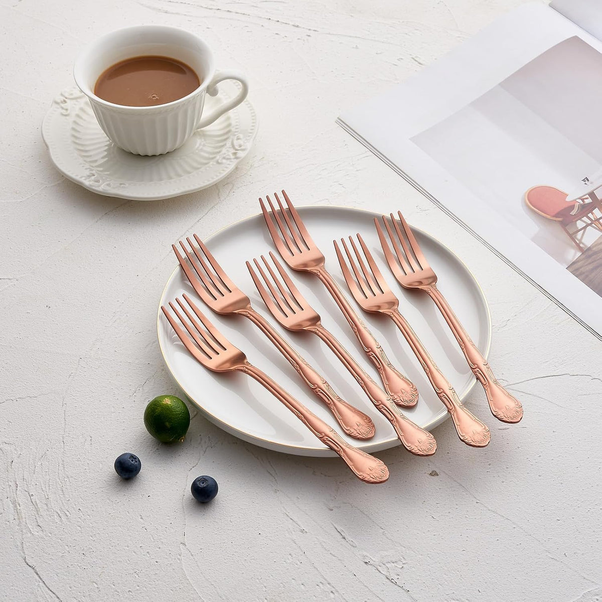 Rose Gold Salad Forks Set of 12, 430 Stainless Steel Satin Finish Dessert Forks Silverware, Small Cake Forks with Rose Pattern Design, Dishwasher Safe for Home Restaurant
