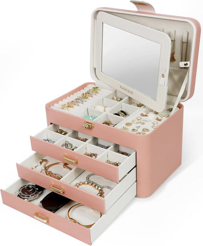 Jewelry Organizer Box for Women - 4 Layer Drawer Jewellery Storage with Lock and Mirror - Jewelry Case for Necklaces Rings Bracelets Earring Holder Organizers (Pink)