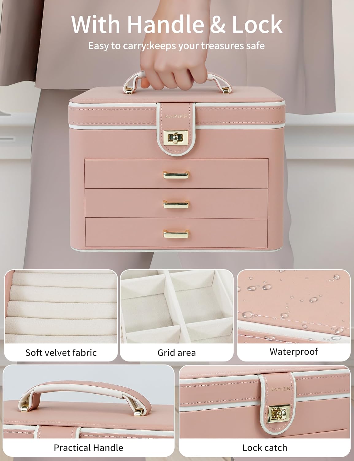 Jewelry Organizer Box for Women - 4 Layer Drawer Jewellery Storage with Lock and Mirror - Jewelry Case for Necklaces Rings Bracelets Earring Holder Organizers (Pink)