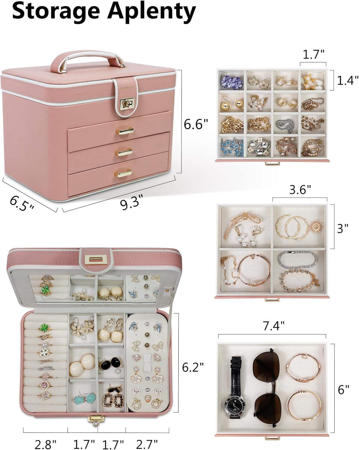 Jewelry Organizer Box for Women - 4 Layer Drawer Jewellery Storage with Lock and Mirror - Jewelry Case for Necklaces Rings Bracelets Earring Holder Organizers (Pink)