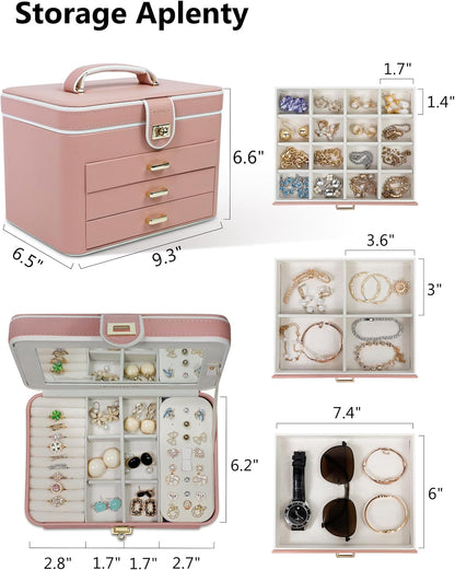 Jewelry Organizer Box for Women - 4 Layer Drawer Jewellery Storage with Lock and Mirror - Jewelry Case for Necklaces Rings Bracelets Earring Holder Organizers (Pink)