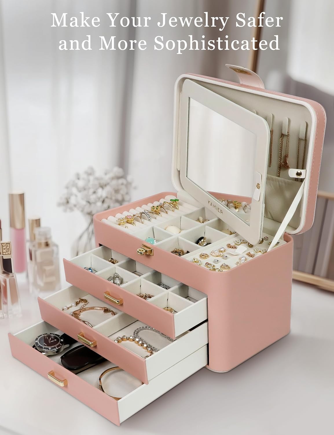Jewelry Organizer Box for Women - 4 Layer Drawer Jewellery Storage with Lock and Mirror - Jewelry Case for Necklaces Rings Bracelets Earring Holder Organizers (Pink)