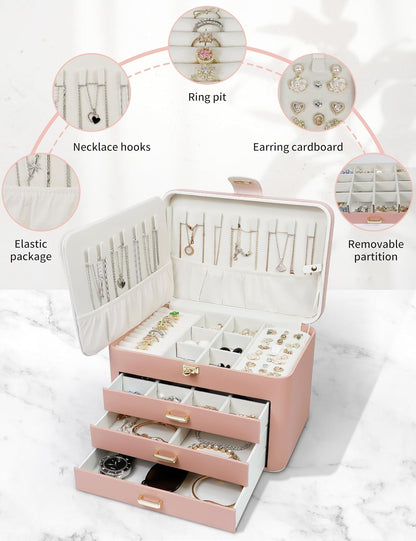 Jewelry Organizer Box for Women - 4 Layer Drawer Jewellery Storage with Lock and Mirror - Jewelry Case for Necklaces Rings Bracelets Earring Holder Organizers (Pink)