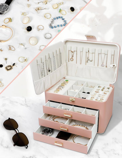 Jewelry Organizer Box for Women - 4 Layer Drawer Jewellery Storage with Lock and Mirror - Jewelry Case for Necklaces Rings Bracelets Earring Holder Organizers (Pink)