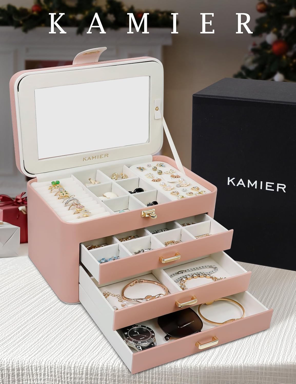Jewelry Organizer Box for Women - 4 Layer Drawer Jewellery Storage with Lock and Mirror - Jewelry Case for Necklaces Rings Bracelets Earring Holder Organizers (Pink)