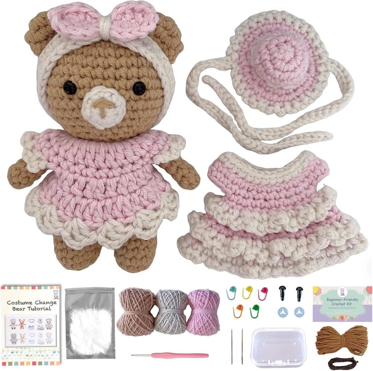 Crochet Kit for Beginners – Amigurumi Crochet Animal Kit, Easy Starter Kit with Video Tutorial, Complete Crochet Kit with Extra Yarn, Gift for Adults & Teens (Bear, Pink)
