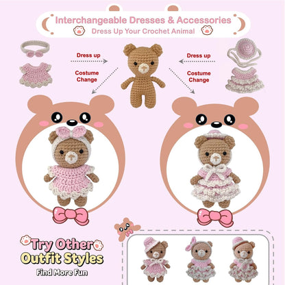 Crochet Kit for Beginners – Amigurumi Crochet Animal Kit, Easy Starter Kit with Video Tutorial, Complete Crochet Kit with Extra Yarn, Gift for Adults & Teens (Bear, Pink)