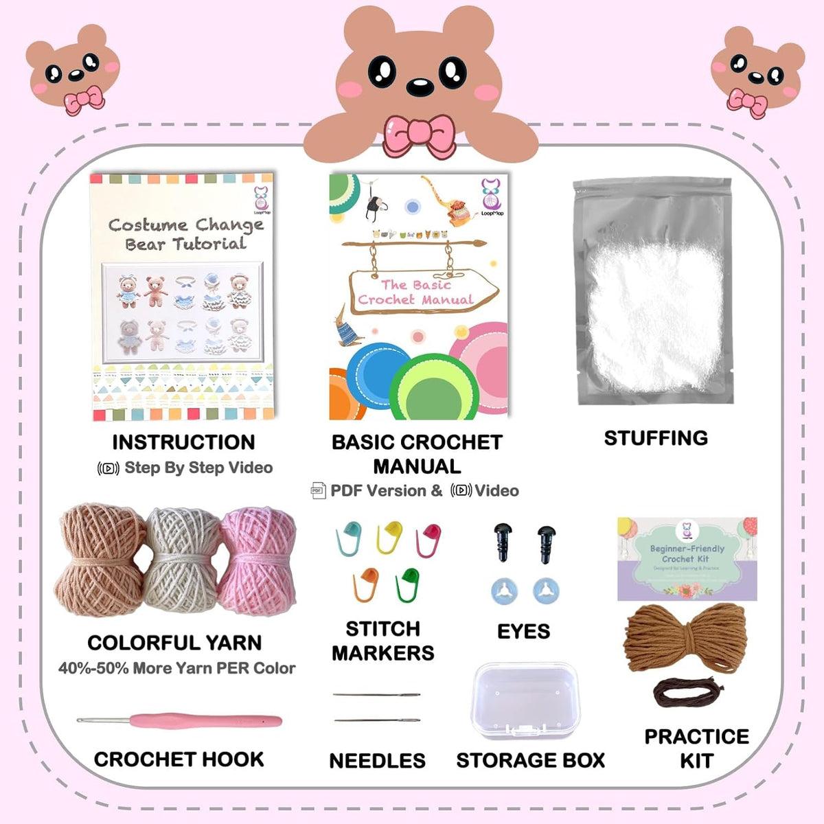 Crochet Kit for Beginners – Amigurumi Crochet Animal Kit, Easy Starter Kit with Video Tutorial, Complete Crochet Kit with Extra Yarn, Gift for Adults & Teens (Bear, Pink)