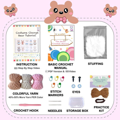 Crochet Kit for Beginners – Amigurumi Crochet Animal Kit, Easy Starter Kit with Video Tutorial, Complete Crochet Kit with Extra Yarn, Gift for Adults & Teens (Bear, Pink)