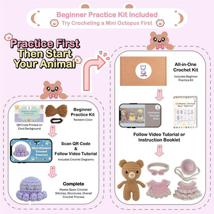 Crochet Kit for Beginners – Amigurumi Crochet Animal Kit, Easy Starter Kit with Video Tutorial, Complete Crochet Kit with Extra Yarn, Gift for Adults & Teens (Bear, Pink)
