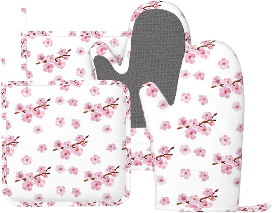 Pink Cherry Blossom Oven Mitts and Pot Holders 4 pcs Set Silicone Watercolor Flowers Blooming Branches Floral Kitchen Oven Mitt Gloves Pot Holders Non-Slip Heat Resistant Cooking Mitts Set