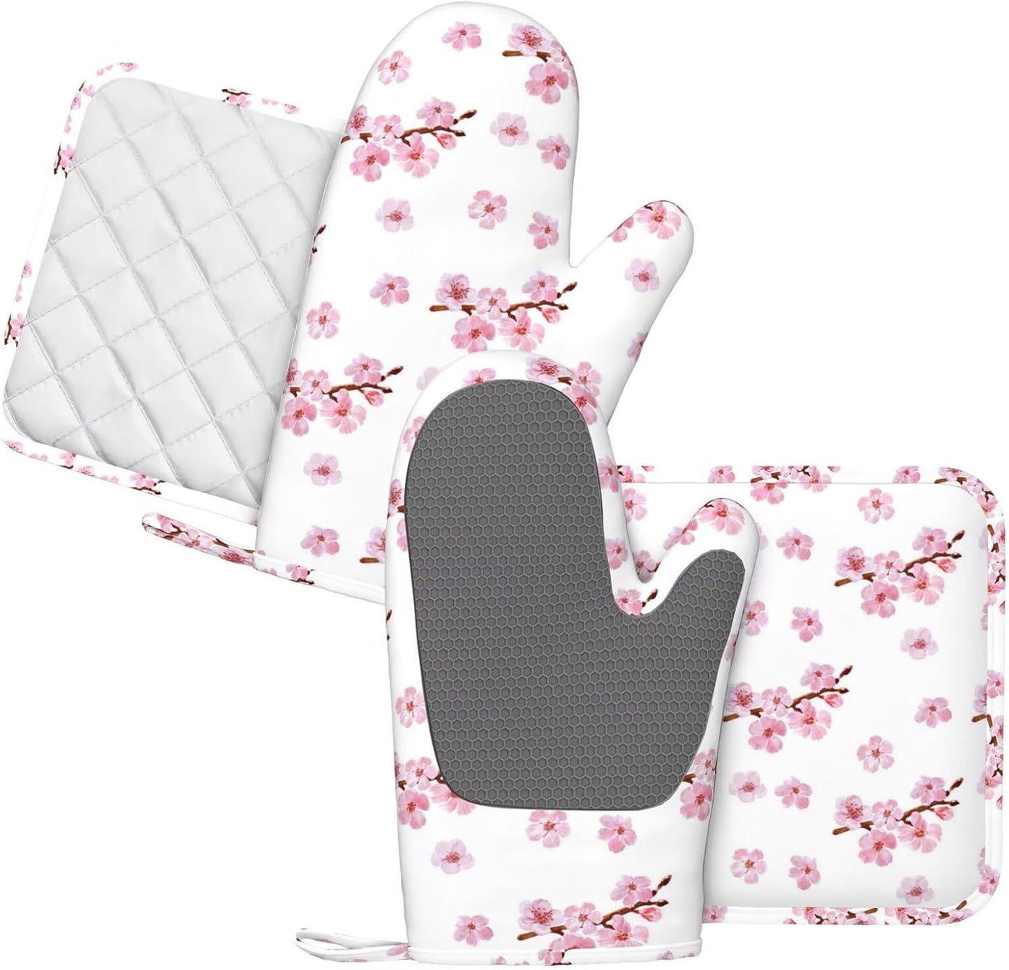Pink Cherry Blossom Oven Mitts and Pot Holders 4 pcs Set Silicone Watercolor Flowers Blooming Branches Floral Kitchen Oven Mitt Gloves Pot Holders Non-Slip Heat Resistant Cooking Mitts Set