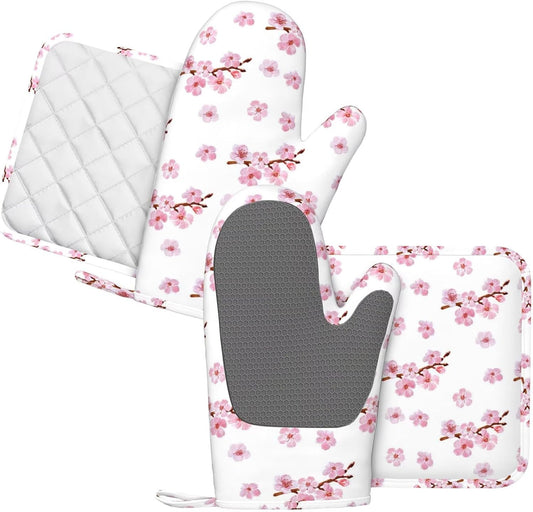 Pink Cherry Blossom Oven Mitts and Pot Holders 4 pcs Set Silicone Watercolor Flowers Blooming Branches Floral Kitchen Oven Mitt Gloves Pot Holders Non-Slip Heat Resistant Cooking Mitts Set